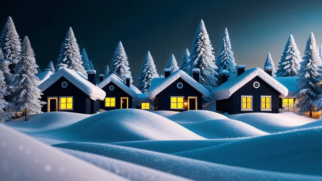 winter, wooden huts, hut village